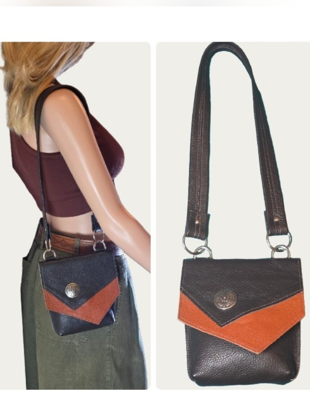 Handmade Two-Tone Leather Crossbody Pouch Bag - Brown & Sienna Brown EUC